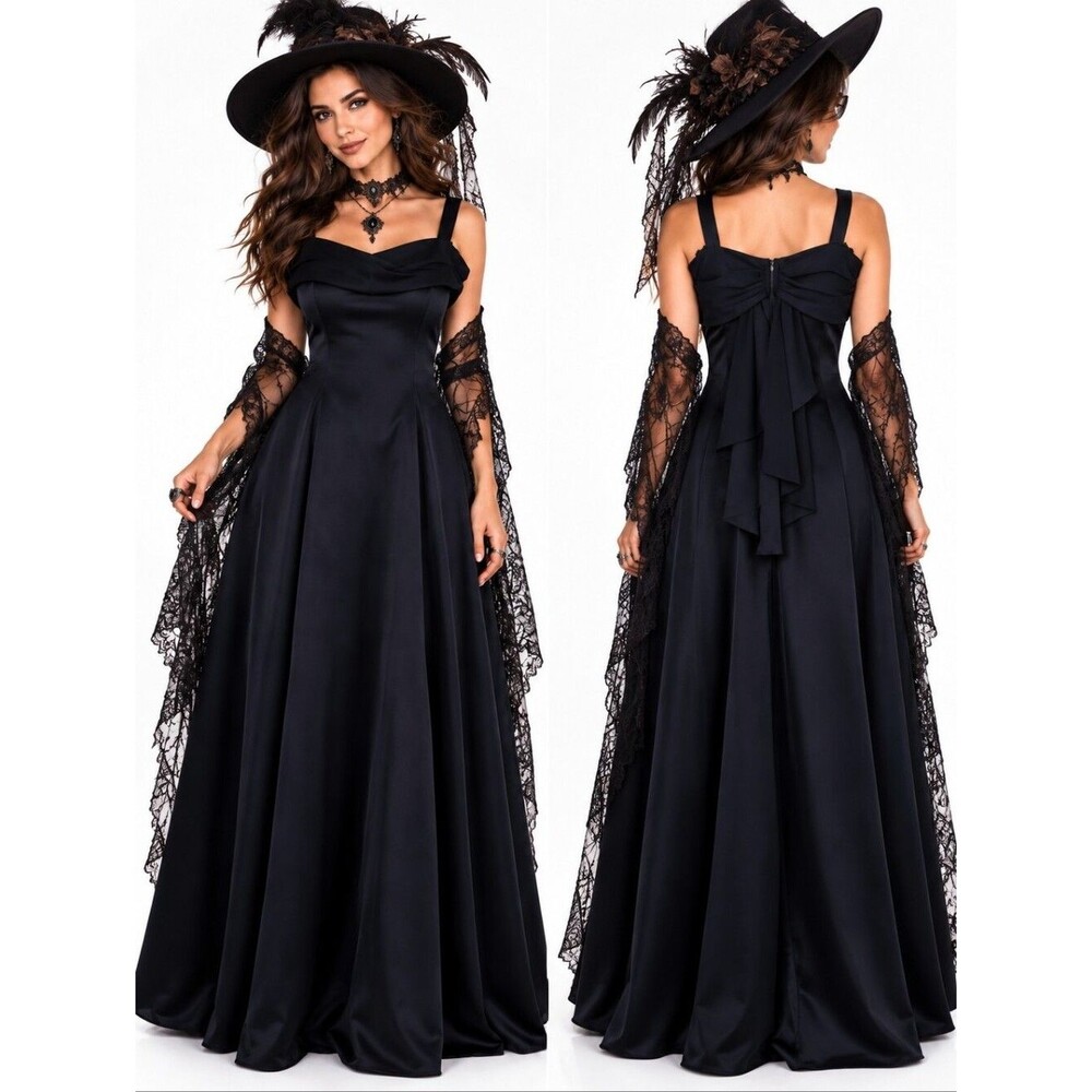 Nightscene California Vintage Black Satin Maxi Gown Goth Formal Size 3/4 XS